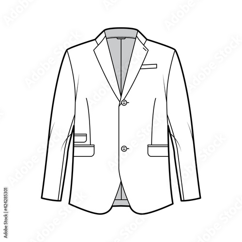 Tailored jacket lounge suit technical fashion illustration with long sleeves, notched lapel collar, flap went pockets. Flat coat template front, white color style. Women, men, unisex top CAD mockup