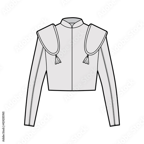 Torero jacket matador technical fashion illustration with long sleeves, stand collar, waist length, embellish. Flat chaqueta template front, back, color style. Women, men, unisex top CAD mockup