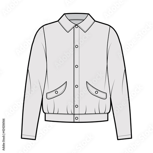Blouson jacket technical fashion illustration with classic collar, oversized, long sleeves, flap pockets, snap buttons fastening. Flat coat template front, grey color. Women men unisex top CAD mockup