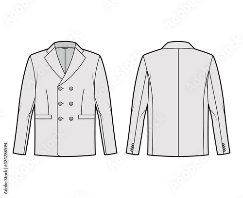 Double breasted jacket suit technical fashion illustration with long sleeves, notched lapel collar, flap welt pockets. Flat coat template front, back, grey color style. Women, men, unisex CAD mockup