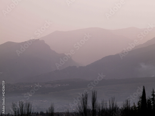 morning at dawn, mountains silhouettes