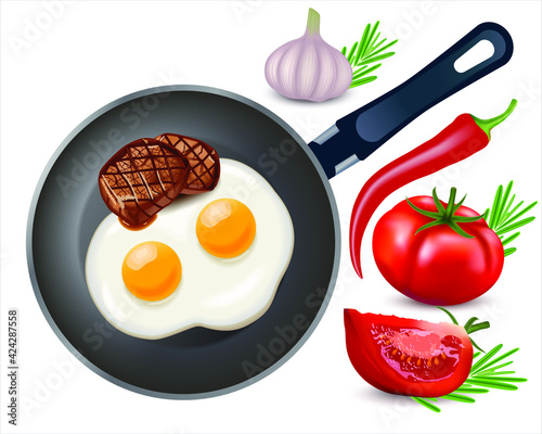 Keto pan breakfast consisting of two fried eggs with steak and garlic, rosemary, hot chili pepper, tomato.  Vector realistic illustration. EPS 10