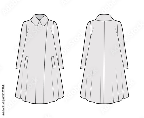 Tent coat technical fashion illustration with long sleeves, round lapel collar, oversized trapeze body, knee length. Flat jacket template front, back, grey color style. Women, men, unisex CAD mockup