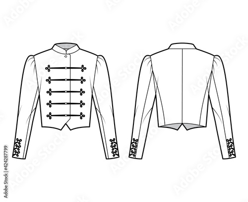 Majorette jacket technical fashion illustration with crop length, long leg o Mutton sleeves, stand collar, button frog closure. Flat blazer template front, back white color style. Women men CAD mockup