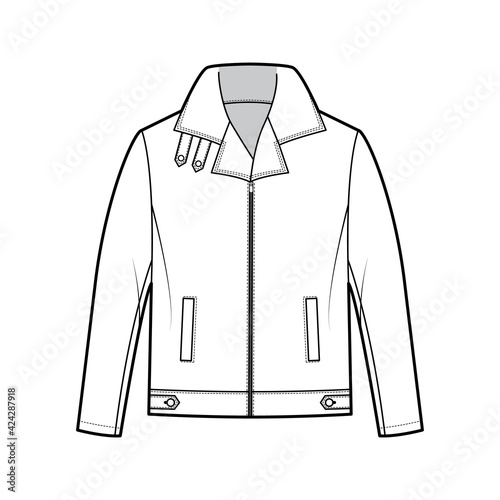 Zip-up Bomber leather jacket technical fashion illustration with tabs, oversized, thick collar, long sleeves, welt pockets. Flat coat template front, white color style. Women men unisex top CAD mockup