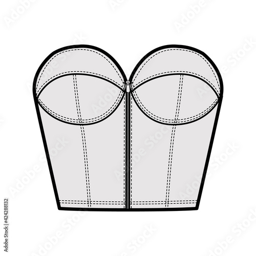Denim bustier top technical fashion illustration with zip-up closure, cups strapless , slim fit, waist crop length. Flat bra template front, grey color style. Women, men, unisex CAD mockup