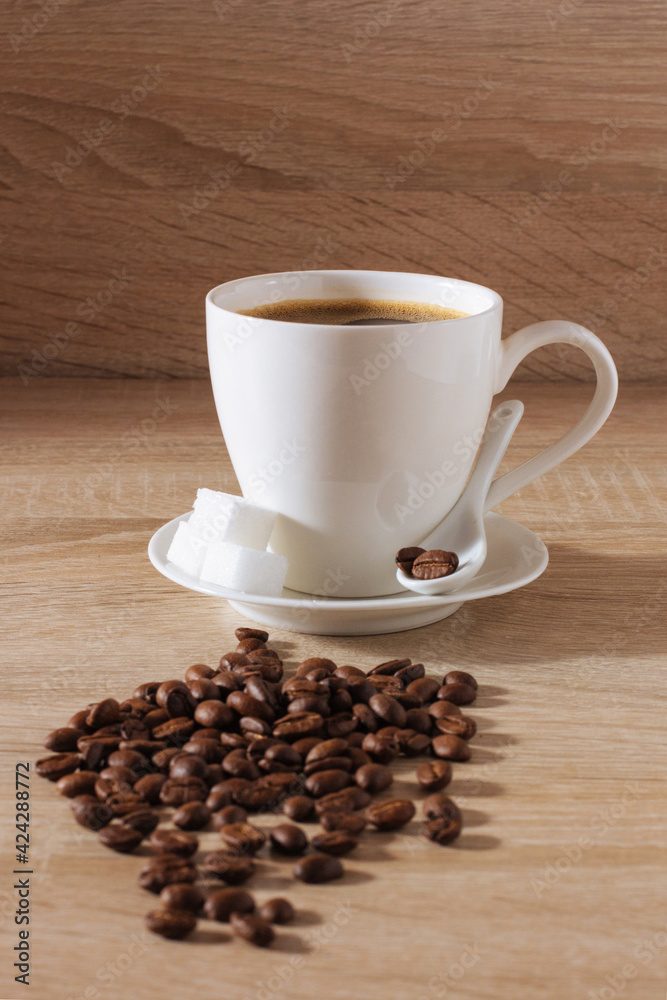 white cup of coffee, coffee beans