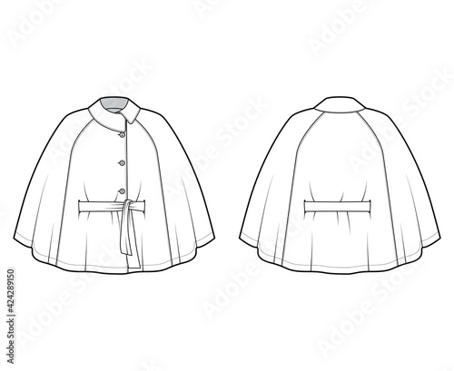 Cape coat mantle technical fashion illustration with belt, asymmetric collar, oversized trapeze body, fingertip length. Flat jacket template front, back, white color style. Women, men top CAD mockup