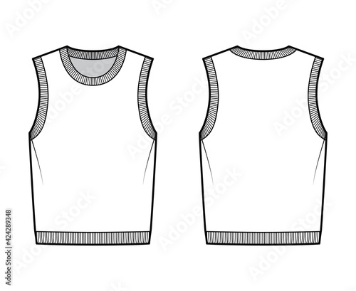 Pullover vest sweater waistcoat technical fashion illustration with sleeveless, rib knit round neckline, oversized body. Flat template front, back, white color style. Women, men, unisex top CAD mockup