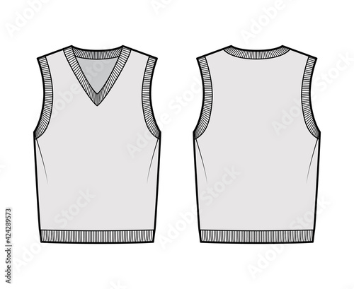 Pullover vest sweater waistcoat technical fashion illustration with sleeveless, rib knit V-neckline, oversized body. Flat template front, back, grey color style. Women, men, unisex top CAD mockup