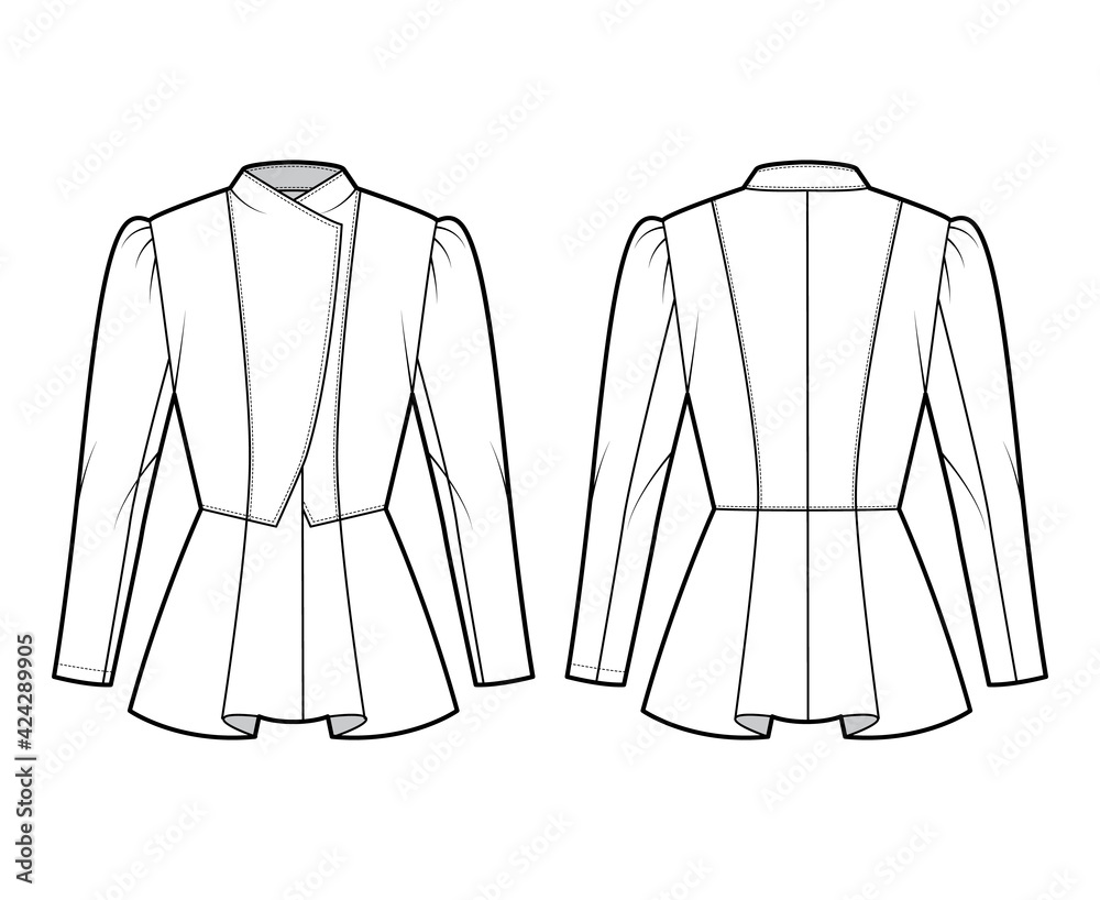 Peplum hem jacket technical fashion illustration with fitted body, long