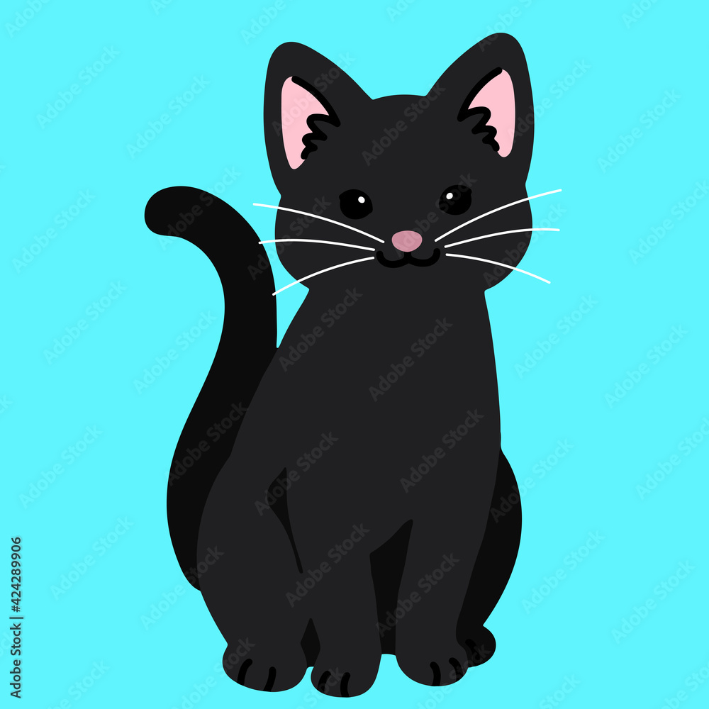 Simple and adorable black cat sitting in front view flat colored Simple and adorable black cat sitting in front view flat colored