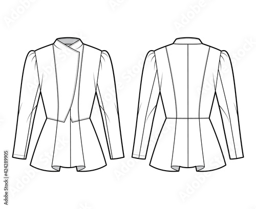 Peplum hem jacket technical fashion illustration with fitted body, long gigot sleeves, wrap collar opening. Flat coat template front, back, white color style. Women, men, unisex top CAD mockup