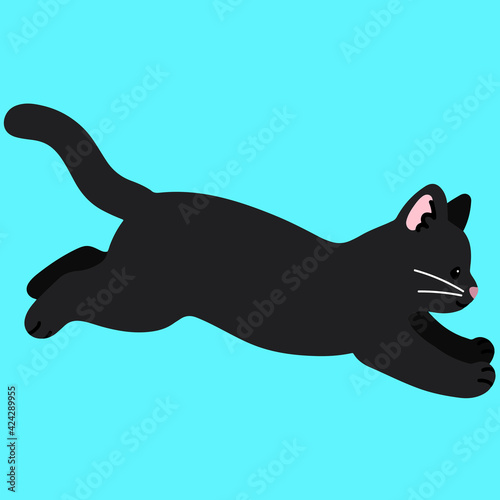 Simple and adorable black cat jumping in side view flat colored