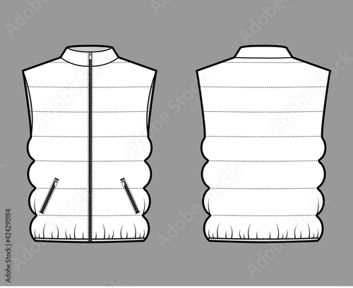 Down vest puffer waistcoat technical fashion illustration with sleeveless, stand collar, zip-up closure, pockets, oversized. Flat template front, back, white color style. Women, unisex top CAD mockup
