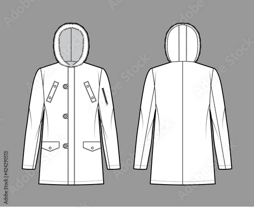 N-3B flight parka technical fashion illustration with oversized, fur hood, long sleeves, flap pockets, button loop opening. Flat coat template front, back white color style. Women men top CAD mockup