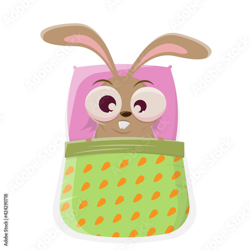 funny cartoon bunny in bed is sleepless
