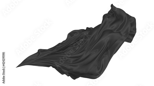 Beautiful flowing fabric of black wavy silk or satin. 3d rendering image.