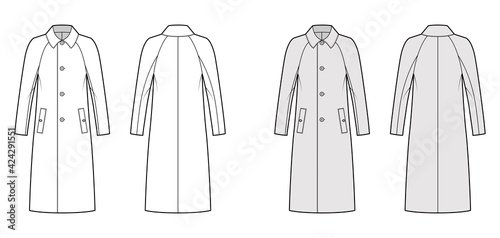 Balmacaan coat technical fashion illustration with raglan long sleeves, regular collar, oversized body, midi length. Flat jacket template front, back, white, grey color style. Women men top CAD mockup