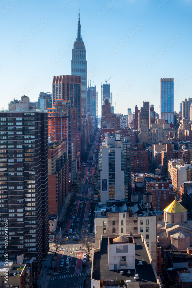 daylight high angle birds-eye view of Manhattan New York City buildings