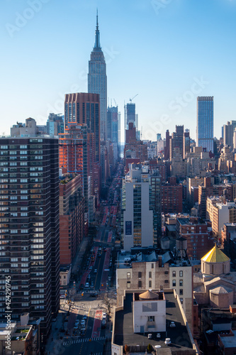 daylight high angle birds-eye view of Manhattan New York City buildings