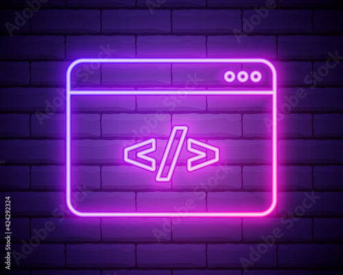 Coding neon icon.Programming. Elements of browser set. Simple icon for websites, web design, mobile app, info graphics isolated on brick wall.