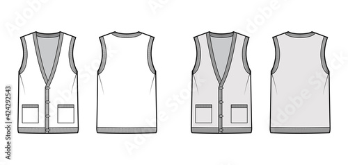Cardigan vest sweater waistcoat technical fashion illustration with sleeveless, rib knit V-neckline, button closure. Flat template front, back, white, grey color style. Women, men, unisex CAD mockup
