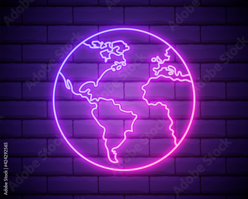Glowing neon line Earth globe icon isolated on brick wall background. World or Earth sign. Global internet symbol. Geometric shapes. Vector Illustration