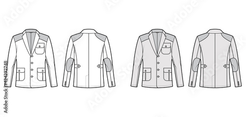 Hunting Shooting jacket technical fashion illustration with long sleeves, Trim, Shoulder Elbow Patch. Flat coat template front, back, white, grey color style. Women, men, unisex Blazer CAD mockup