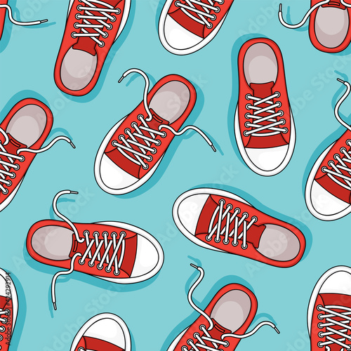 Red sneakers vector seamless pattern. Casual youth shoes on blue background. Sport illustration