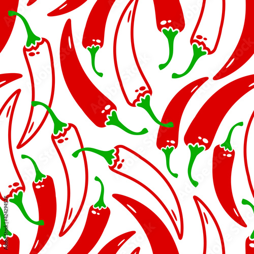 Red hot chili pepper vector seamless pattern, line and flat vegetables isolated on white background. Food illustration
