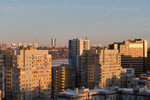 View from above on Chistopolskaya street in Russian Kazan city. Spring sunny day image. Urban traffic. Concept of Kazan cityscape.