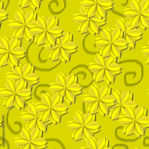 Seamless raster pattern in cut paper style. Yellow flowers on a yellow-green background. 3D image.