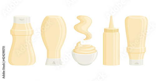 Mayonnaise vector bottles, sauce jar and bowl. 3d cartoon mayo packaging and stain. 3d cartoon mayo packaging. Condiment mayonnaise container icon set. Food illustration on white background