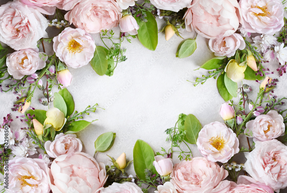 Delicate blooming festive white and pink rose background, blossoming flowers soft pastel frame, bouquet floral card Delicate blooming festive white and pink rose background, blossoming flowers soft pastel frame, bouquet floral card