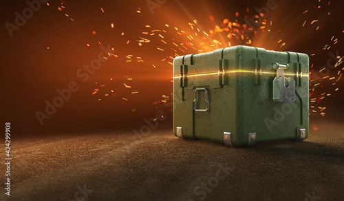 army box with loot boxes and glow inside. text box. 3d rendering photo
