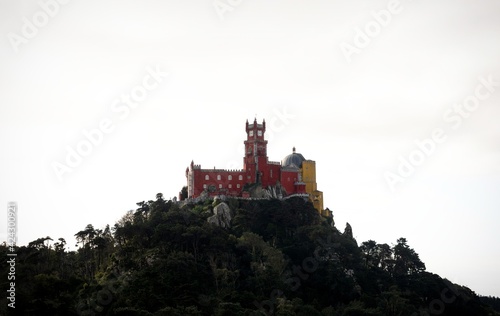 Fotografie Panorama view of red yellow romanticist hilltop castle Palacio Nacional da Pena
