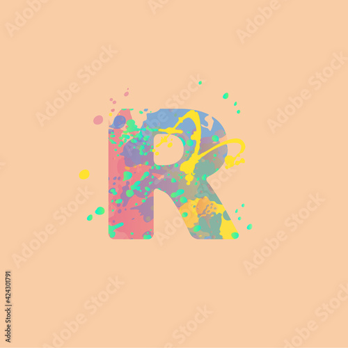 Letter R with multicolored mixed spots of pink, yellow, blue, turquoise paint on peach background. Design for banners, flyers, tags, decorations, poster or invitation.
