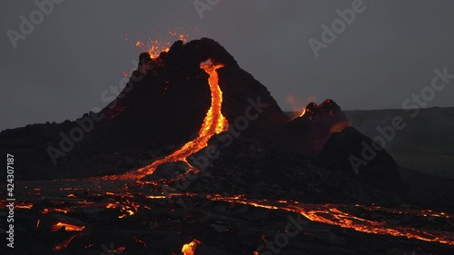 Volcanic eruption Iceland 2021 lava cone river photo
