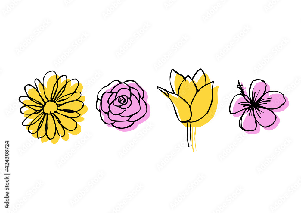 Vecteur Stock 花 ガーベラ バラ チューリップ ハイビスカス の手描きイラストセット Adobe Stock