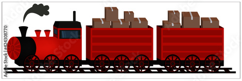 A red train with parcels and packages. Transportation concept.
