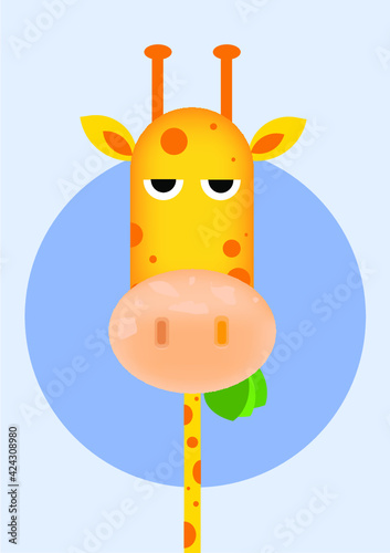 Jirafa aburrida comiendo, cartoon, ilustracion, vector, dibujo animado.