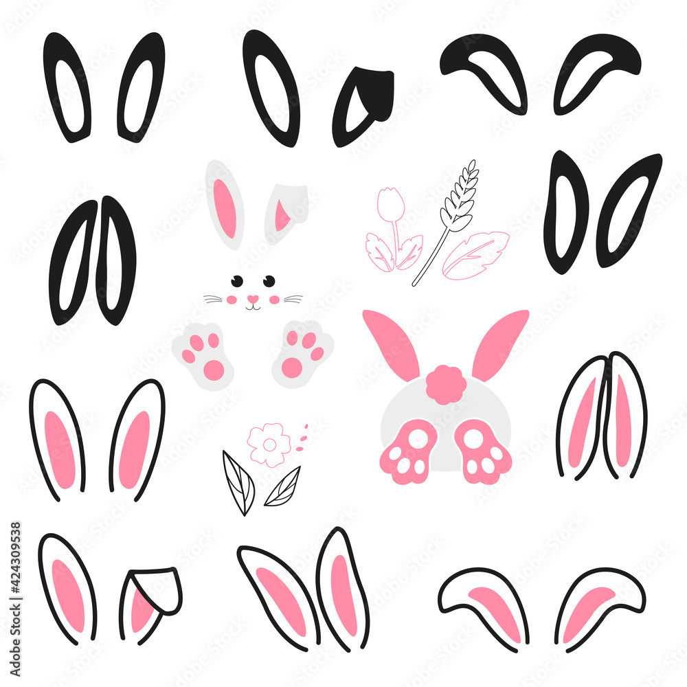 Easter ears, paws bunny, face of rabbits. Vector illustration, hand drawn. Children's poster. Set on isolated background