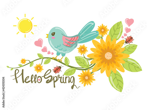 Cute bird and flowers. "hello spring" card 