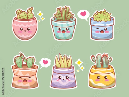 Set of cute succulents plant and cactus cartoon
