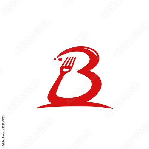 Letter B gourmet food restaurant catering logo with fork icon inside B