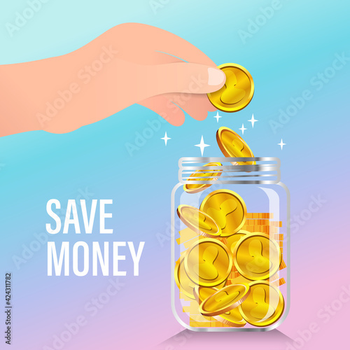 Gold coins into clear bottle. Accumulate and save your money dollar in jar. Flat vector illustration