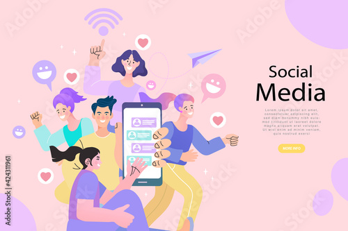 Virtual relationship vector concept. People young couple chatting in the smartphone screen. Virtual dating. Flat vector design. 