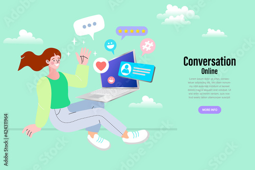 Virtual relationship vector concept. People young couple chatting in the smartphone screen. Virtual dating. Flat vector design. 