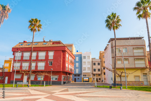 Torrenostra (Torreblanca), Castellon province, Valencian Community, Spain. Beautiful colorful architecture (house facades). Holiday town on the mediterranean coast (Costa del Azahar). photo